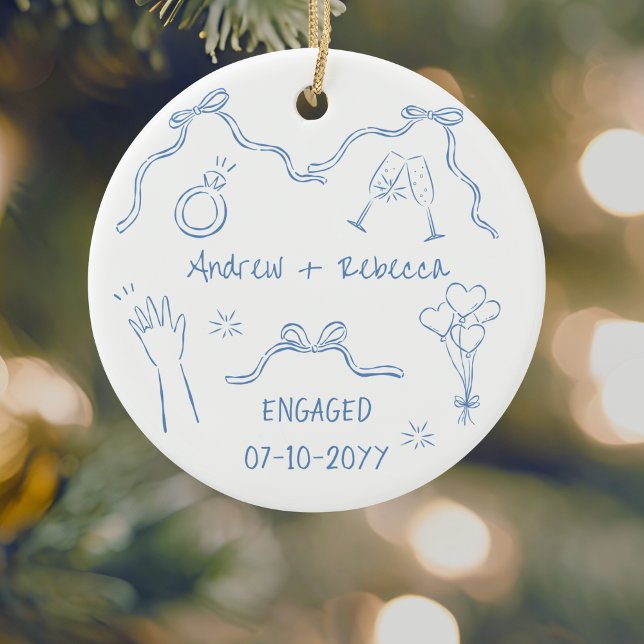 Whimsical couple engaged handdrawn doodle keepsake ceramic ornament (Creator Uploaded)