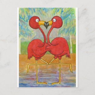 Whimsical Couple Pink Flamingo Tropical Beach Bird Postcard