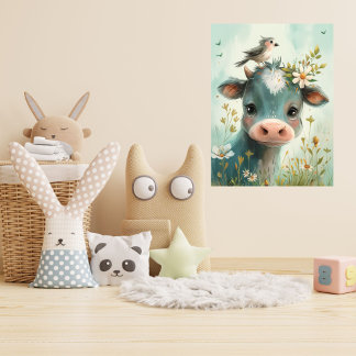 Whimsical Cow & Bird Illustration Childs Room Poster