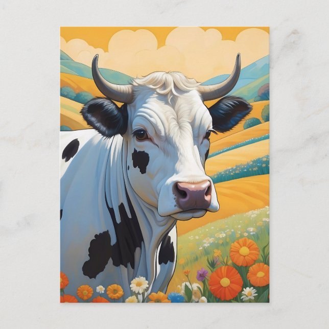 Whimsical Cow Colorful Vibrant Hills Postcard (Front)