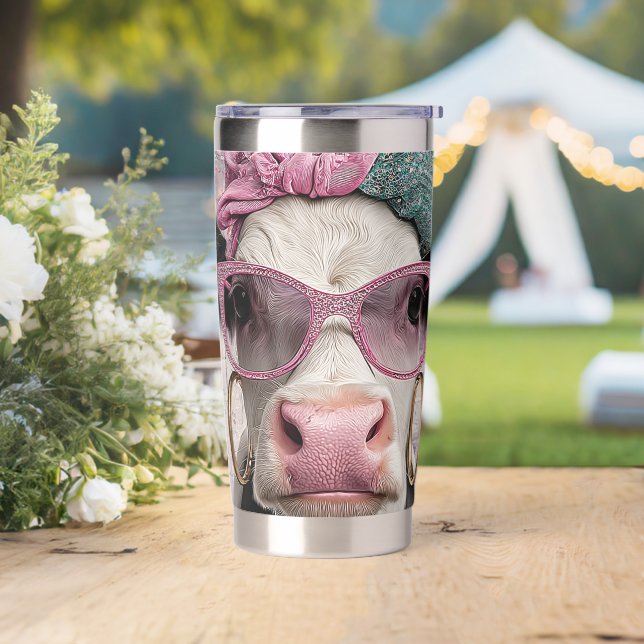 Whimsical Cow Face in Pinks Butterflies  Insulated Tumbler (Wedding)