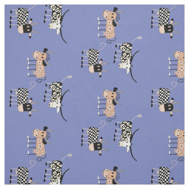 Whimsical Cow Pattern on Blue Fabric (Swatch)