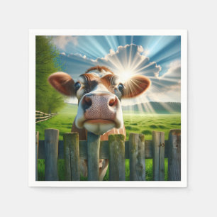 Whimsical Cow Peering Over Fence Napkins