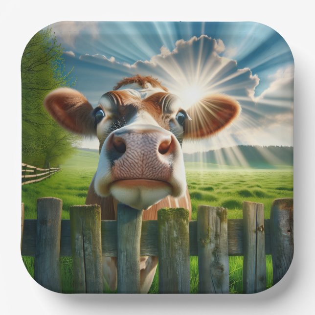 Whimsical Cow Peering Over Fence Paper Plates (Front)
