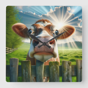 Whimsical Cow Peering Over Fence Square Wall Clock