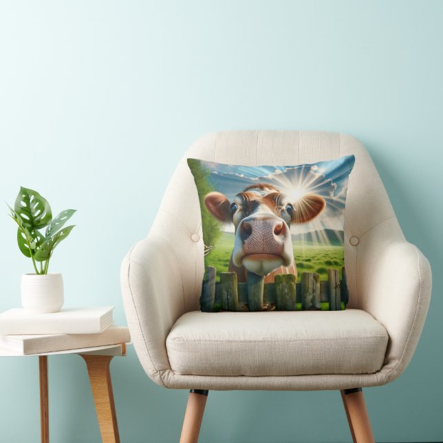 Whimsical Cow Peering Over Fence Throw Pillow (Chair)
