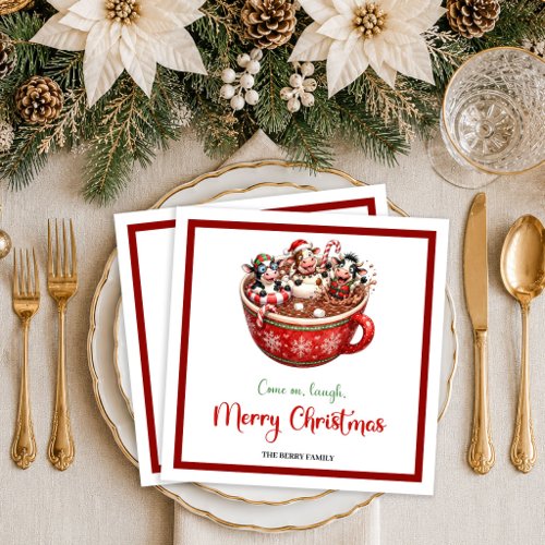 whimsical cow watercolor cute red green Christmas  Paper Dinner Napkins