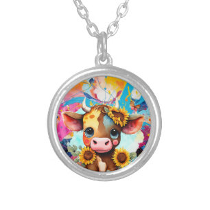 Whimsical Cow with Butterflies, Floral Silver Plated Necklace