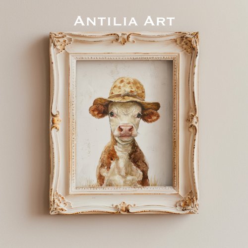 Whimsical Cow with Hat Painting Calf Farm Animal Poster
