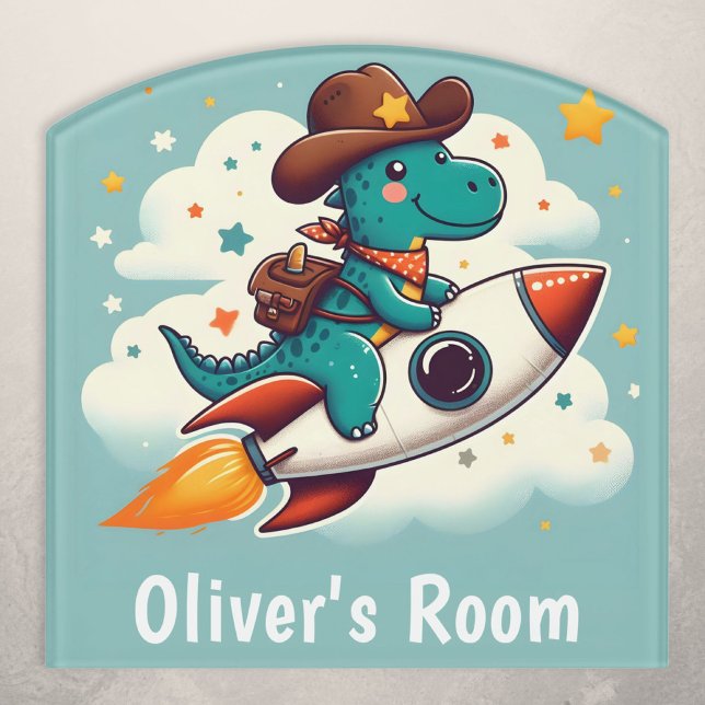 Whimsical Cowboy Dinosaur Riding Space Rocket  Door Sign (Creator Uploaded)