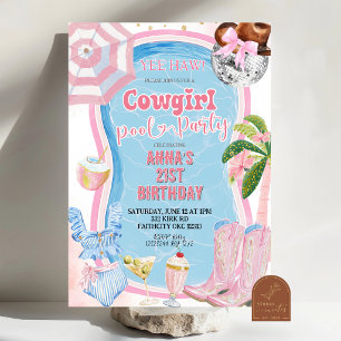 Whimsical Cowgirl Cocktails Pool Party Birthday Invitation