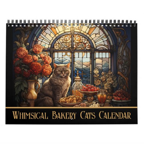 Whimsical Cozy Bakery Cats Stained Glass Calendar