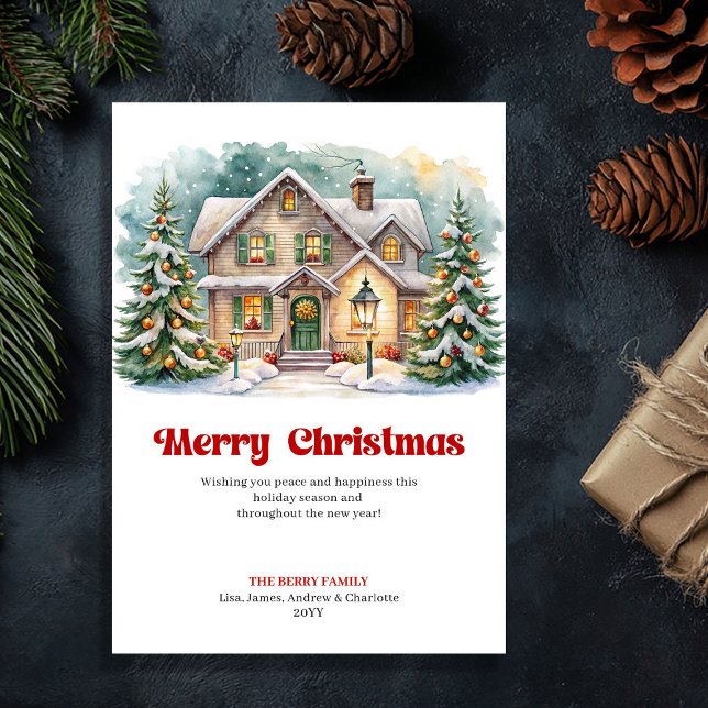 Whimsical cozy Christmas scene cute winter home Holiday Card (Whimsical cozy Christmas scene cute winter home Holiday Card)