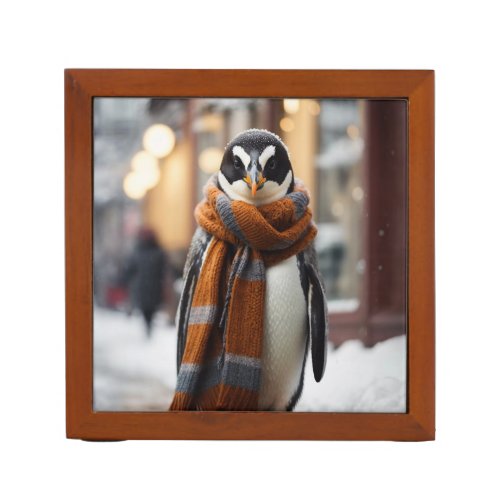 Whimsical Cozy Penguin Snowy Winter Desk Organizer