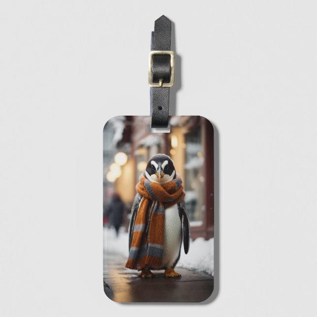 Whimsical Cozy Penguin Snowy Winter Luggage Tag (Front Vertical)