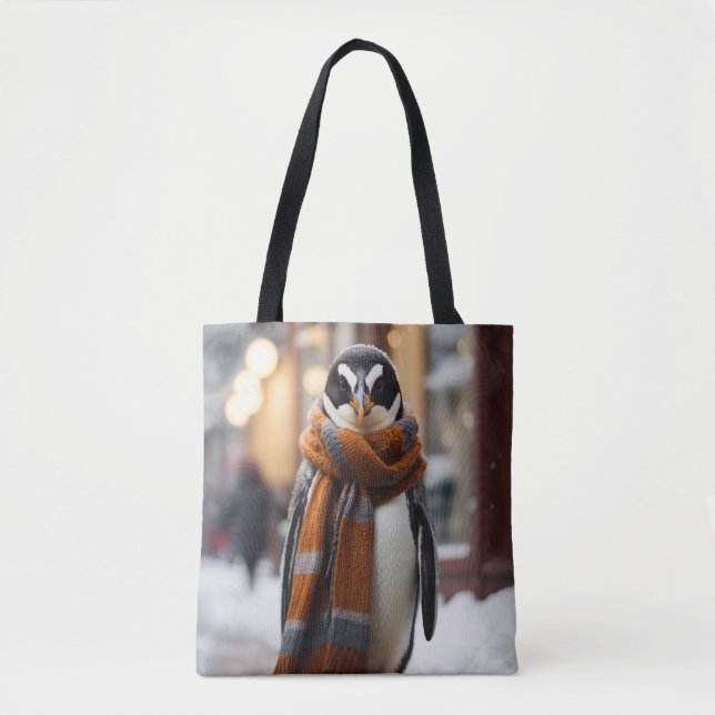 Whimsical Cozy Penguin Snowy Winter Tote Bag (Front)