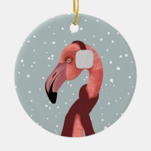 Whimsical Cozy Winter Flamingo With Scarf Ceramic Ornament