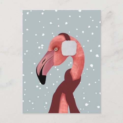 Whimsical Cozy Winter Flamingo With Scarf  Postcard