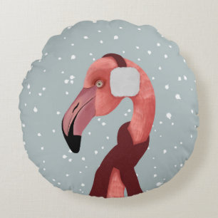 Whimsical Cozy Winter Flamingo With Scarf Round Pillow