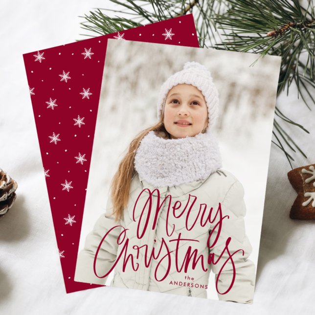 Whimsical Cranberry Script Merry Christmas Photo Holiday Card (Creator Uploaded)