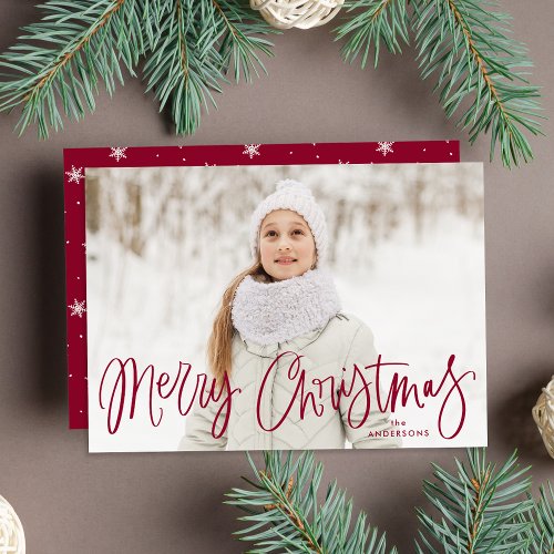 Whimsical Cranberry Script Merry Christmas Photo Holiday Card