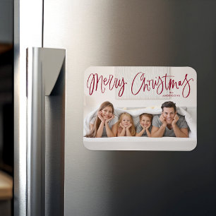Whimsical Cranberry Script Merry Christmas Photo Magnet