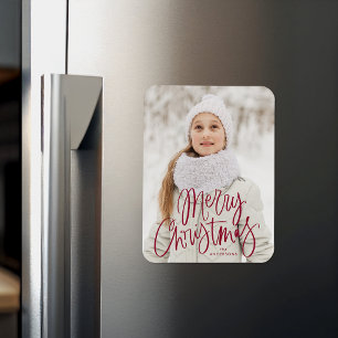 Whimsical Cranberry Script Merry Christmas Photo Magnet