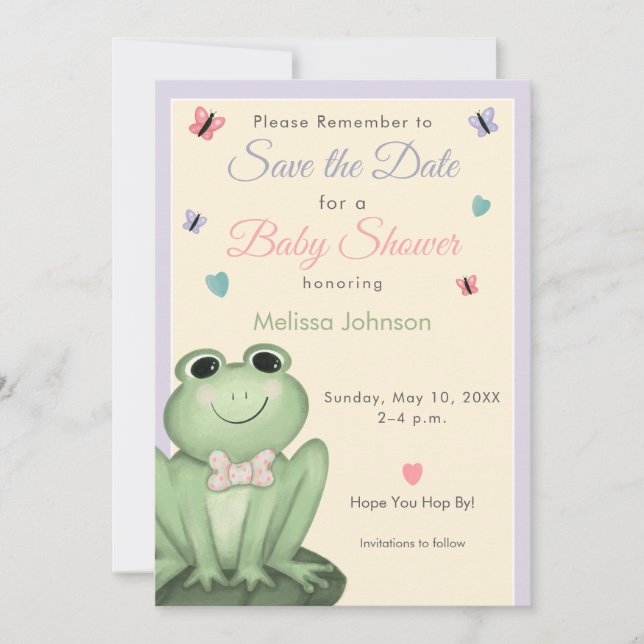 Whimsical Cream Lavender Frog Baby Save the Date Invitation (Front)