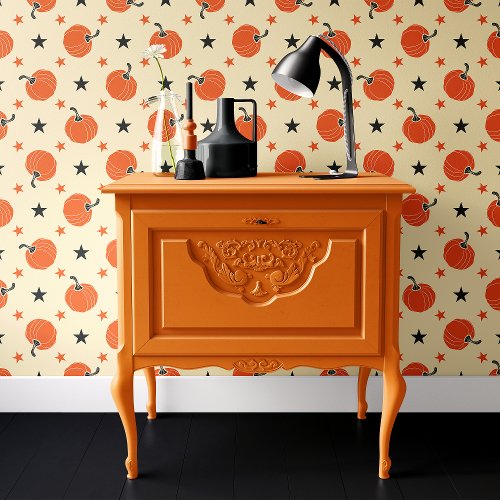 Whimsical Cream  Orange Pumpkin Stars Halloween Wallpaper
