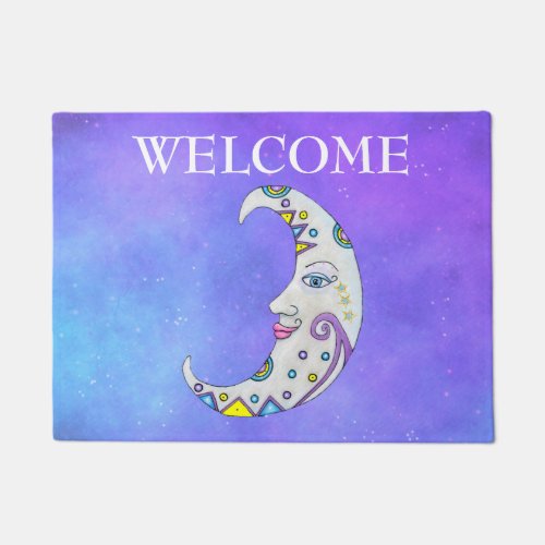 Whimsical Crescent Moon Face Colorful Markings Sky Doormat