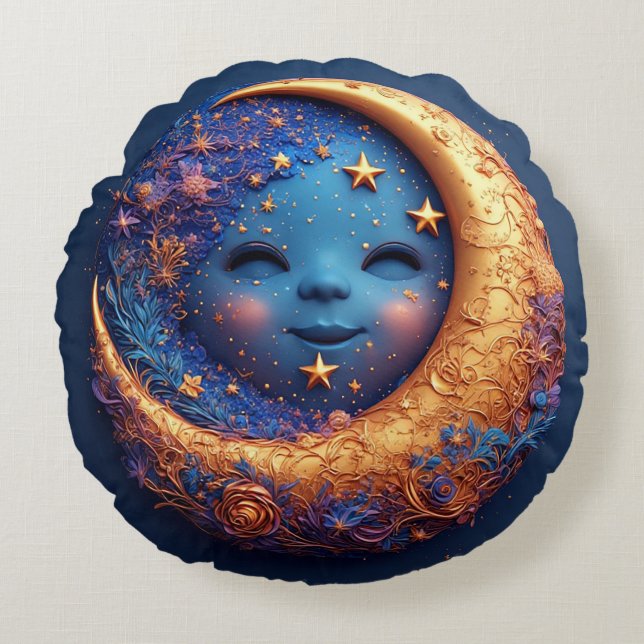 Whimsical Crescent Moon with a Smiling Face Round Pillow (Front)