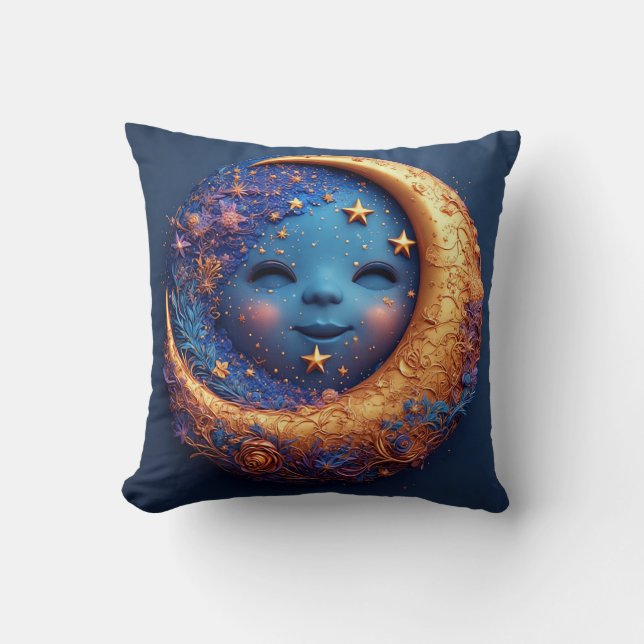 Whimsical Crescent Moon with a Smiling Face Throw Pillow (Front)
