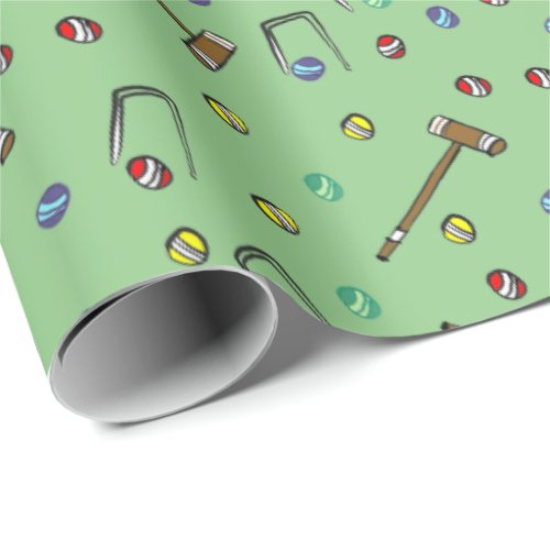 Whimsical Croquet Colorful Hand_Drawn Sage Green Wrapping Paper