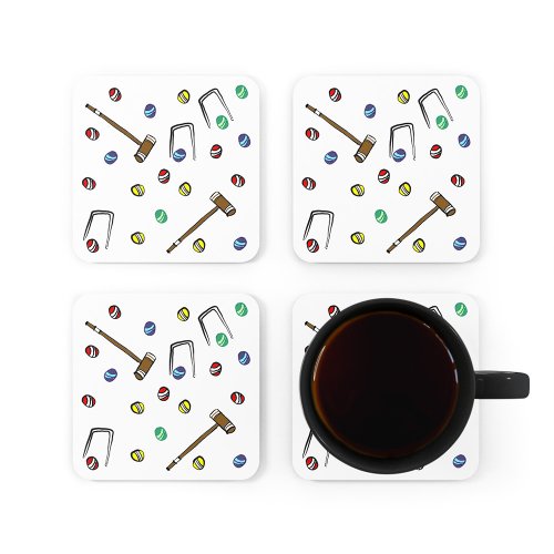 Whimsical Croquet Hand_Illustrated Pattern Square Paper Coaster
