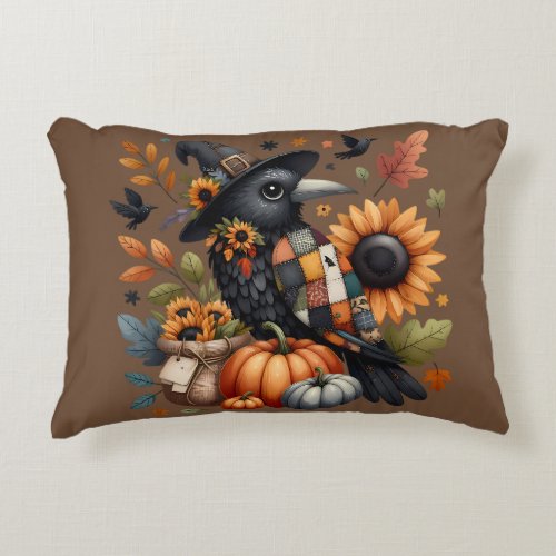 Whimsical Crow with Pumpkins and Sunflowers Accent Pillow