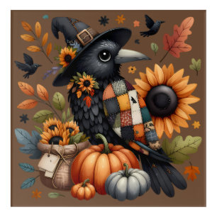 Whimsical Crow with Pumpkins and Sunflowers Acrylic Print