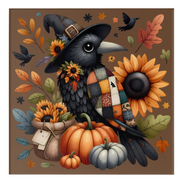 Whimsical Crow with Pumpkins and Sunflowers Acrylic Print (Front)