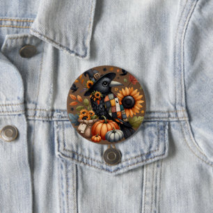Whimsical Crow with Pumpkins and Sunflowers Button