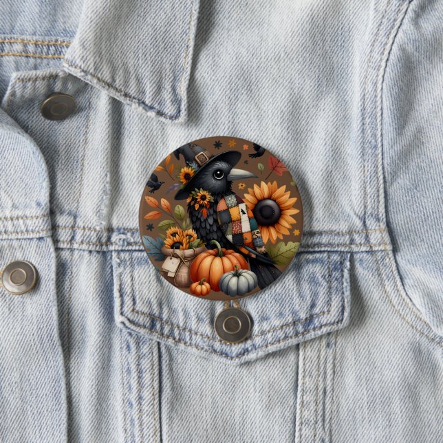 Whimsical Crow with Pumpkins and Sunflowers Button (In Situ)