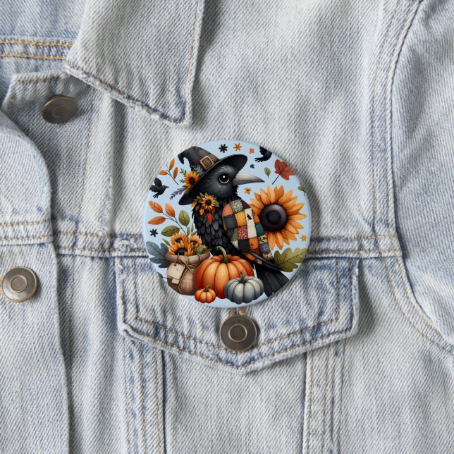 Whimsical Crow with Pumpkins and Sunflowers Button (In Situ)