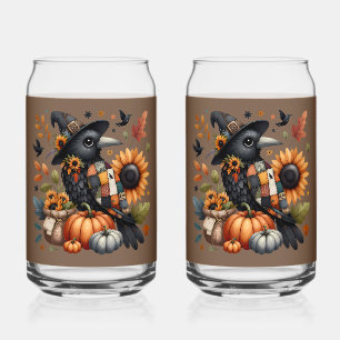 Whimsical Crow with Pumpkins and Sunflowers Can Glass