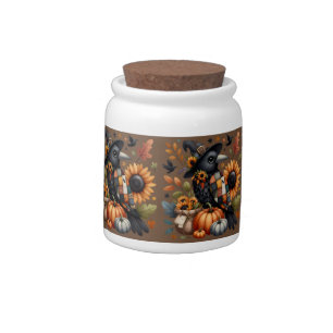 Whimsical Crow with Pumpkins and Sunflowers Candy Jar