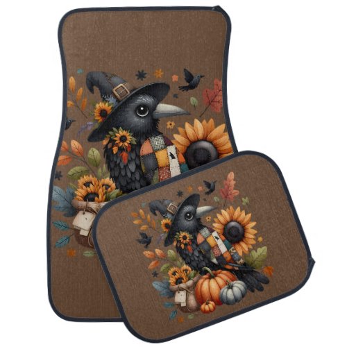 Whimsical Crow with Pumpkins and Sunflowers Car Floor Mat