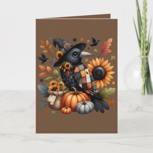 Whimsical Crow with Pumpkins and Sunflowers Card