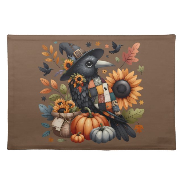 Whimsical Crow with Pumpkins and Sunflowers Cloth Placemat (Front)