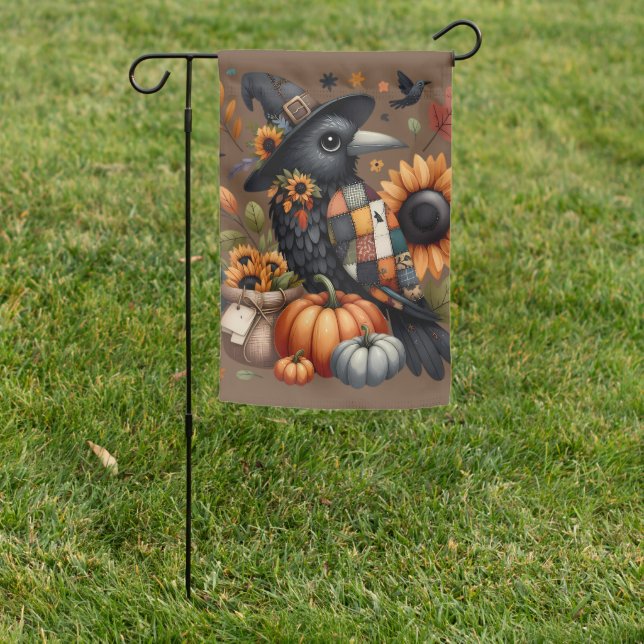 Whimsical Crow with Pumpkins and Sunflowers Garden Flag (In SItu)