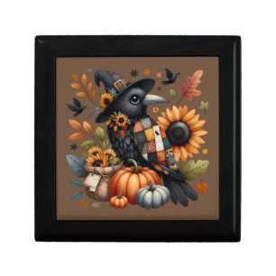 Whimsical Crow with Pumpkins and Sunflowers Gift Box