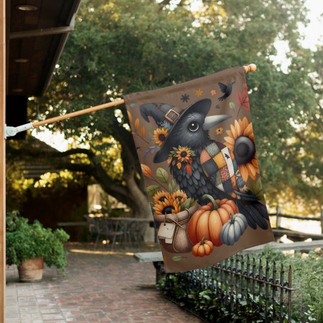 Whimsical Crow with Pumpkins and Sunflowers House Flag (In SItu)