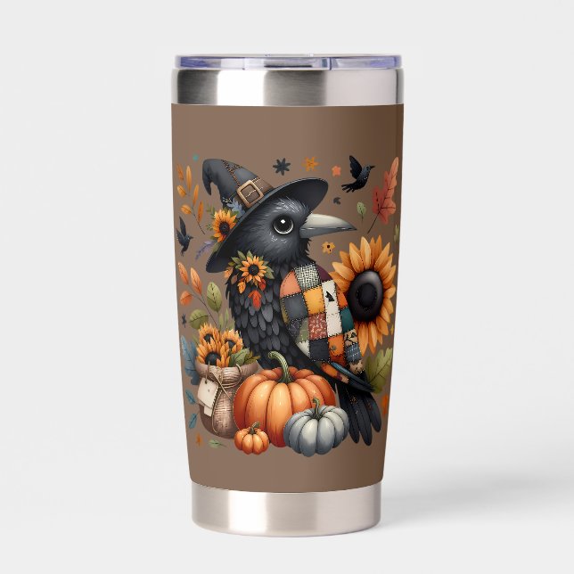 Whimsical Crow with Pumpkins and Sunflowers Insulated Tumbler (Front)