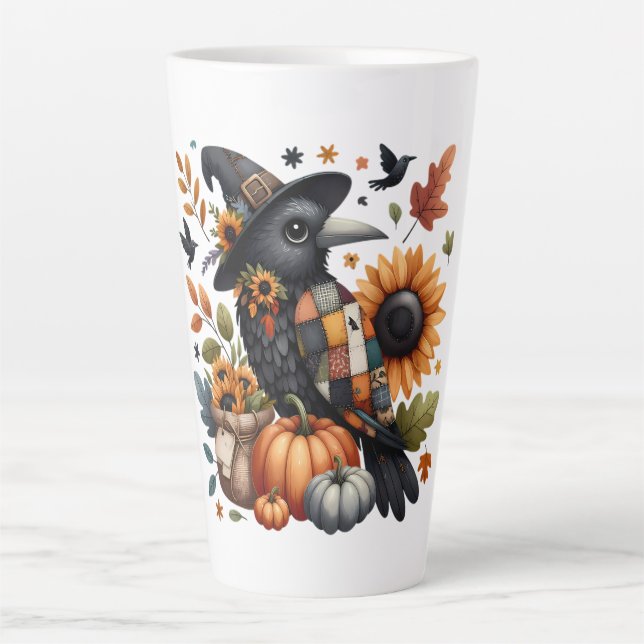 Whimsical Crow with Pumpkins and Sunflowers Latte Mug (Front)